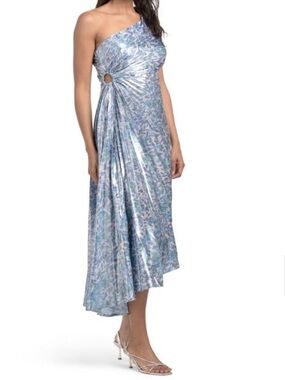 open lace back dress BY NICOLA EMILIANO ONE SHOULDER MAXI DRESS- PINE GREEN FLORAL – Rentedstyle main image 1